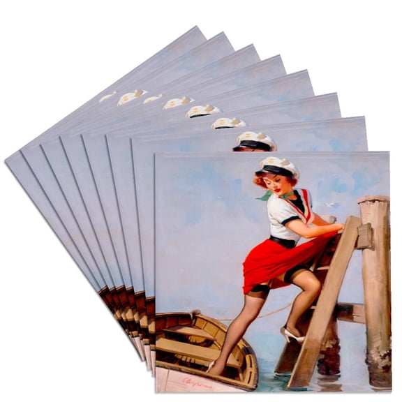 3dRose, image of famous elvgren pinup painting sailor beware, Set of 8 Ceramic Tile Coasters
