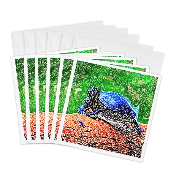 3drose, Painted Turtle on Log Watercolor Effect, 6 Greeting Cards with Envelopes