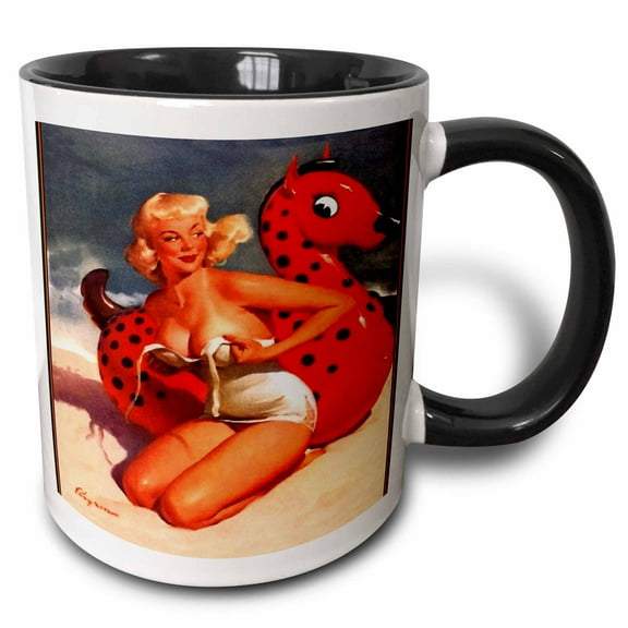 3drose, Print of Elvgren Pinup Painting with Swimsuit Malfunction, 15oz Two-tone Black Mug