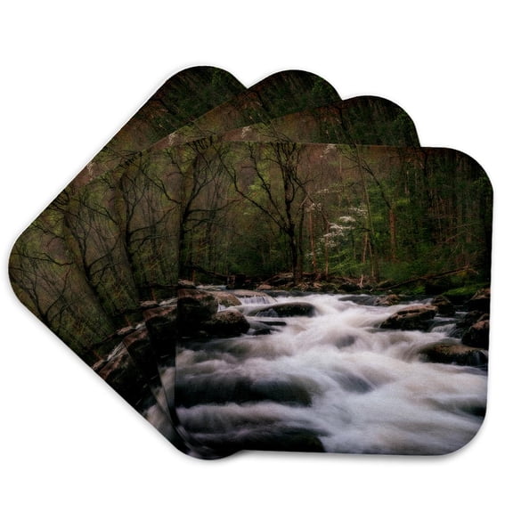 3drose, River Flowing over Rocks as Dogwood Blooms, Set of 4 Coasters - Soft