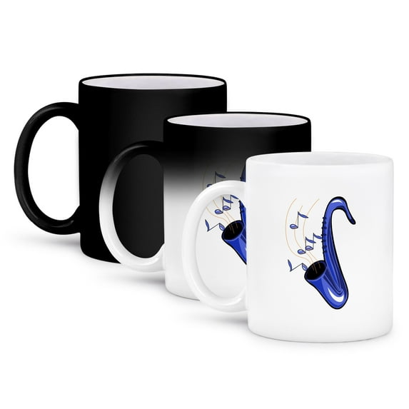 3dRose, sax abstract saxophone w notes blue, 11oz Magic Transforming Mug