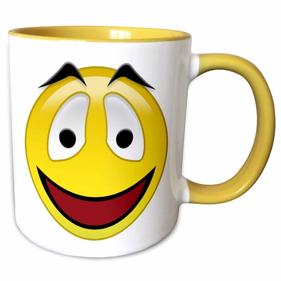 3drose, Smiling Face 3 a Yellow and Black Happy Face with a Big Smile and Eyebrows, 11oz Two-tone Yellow Mug