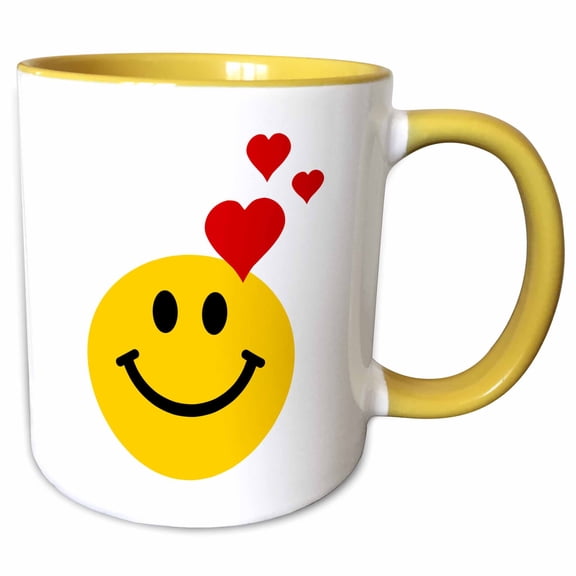 3drose, Smiling in Love, Yellow Happy Face, Romantic Hearts, Valentines Day Anniversary, 11oz Two-tone Yellow Mug