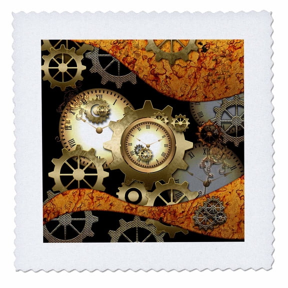 3dRose, steampunk, clocks and gears in golden colors, 12x12 inch quilt square