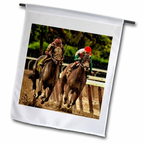3dRose, two horses and jockeys racing to finish line, mud flying., 12 x 18 inch Garden Flag