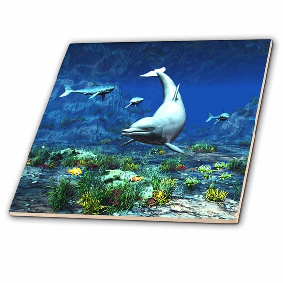 3dRose, underwater scene with dolphin, sharks and tropical fishes, 8 Inch Ceramic Tile