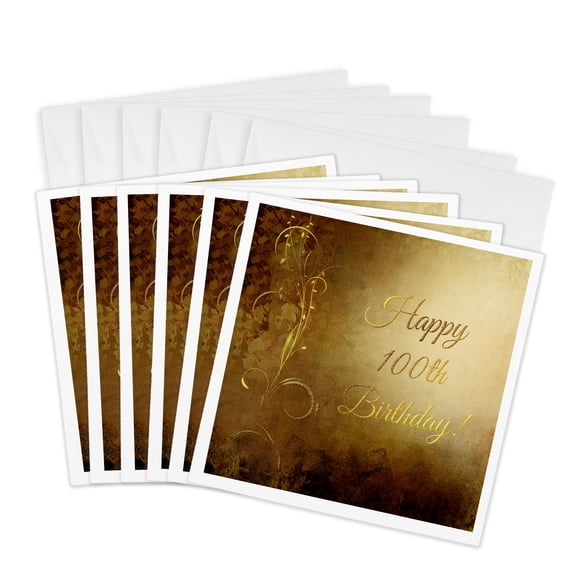 3drose, 100th Birthday, Elegant Gold Vine on Gold Background, 6 Greeting Cards with Envelopes