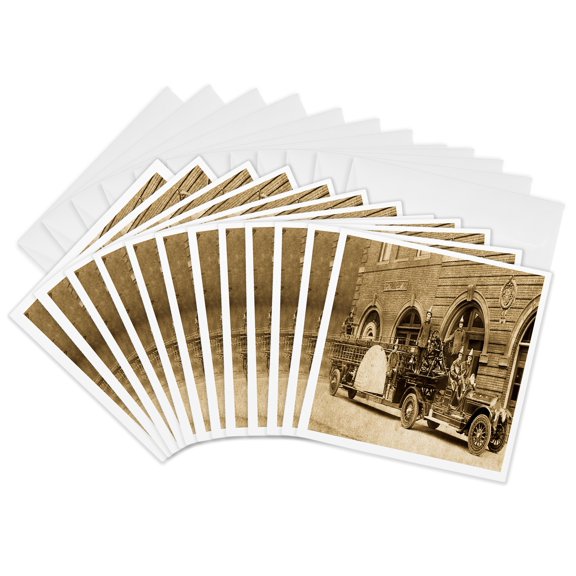 3drose, 1920s Hook and Ladder Fire Company Sepia, 12 Greeting Cards with Envelopes