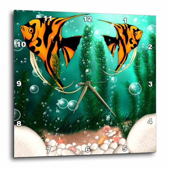 3drose, 2 Cute Fish with Bubbles in Aquarium, 15x15 Wall Clock