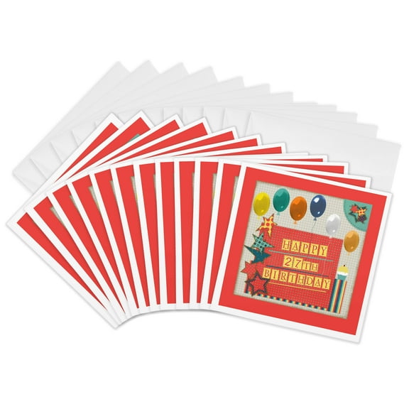 3drose, 27th Birthday, Balloons, Cupcake, Stars, Block Letter, Orange, Green, 12 Greeting Cards with Envelopes