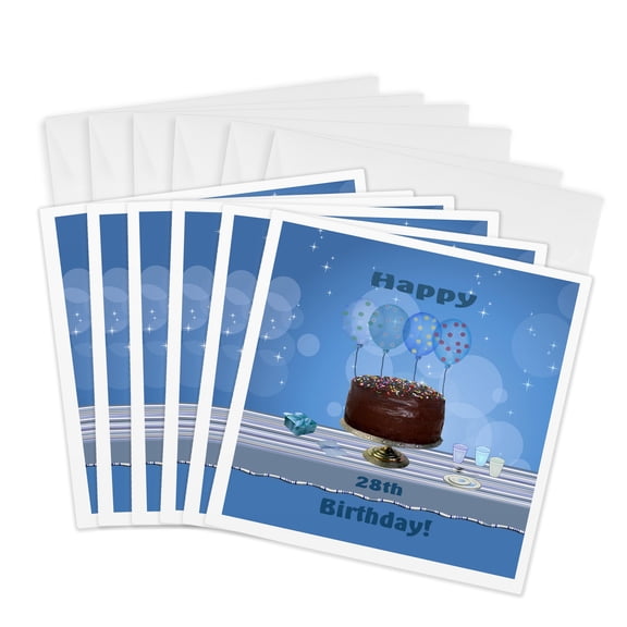 3drose, 28th Birthday Party with Chocolate Cake and Blue Balloons, 6 Greeting Cards with Envelopes
