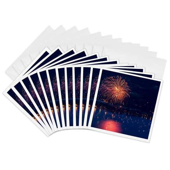 3drose, 4th of July Fireworks Show, Whitefish Lake, Whitefish, Montana, 12 Greeting Cards with Envelopes