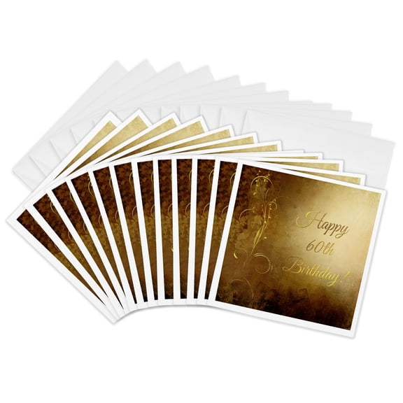 3drose, 60th Birthday, Elegant Gold Vine on Gold Background, 12 Greeting Cards with Envelopes