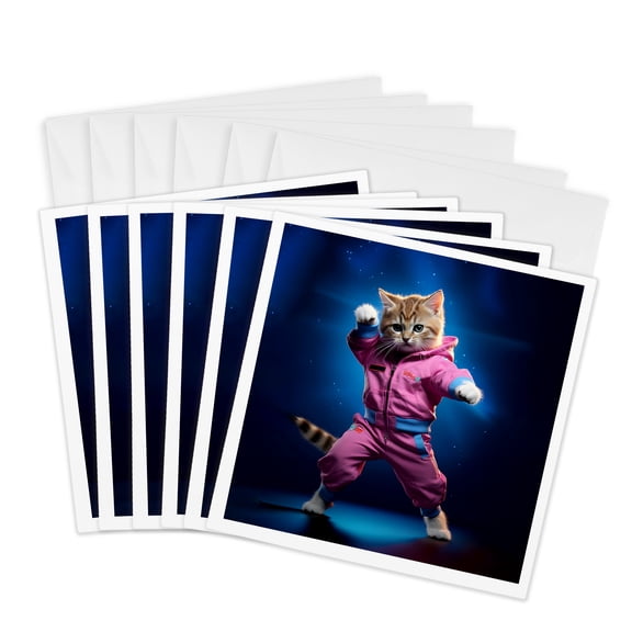 3drose, 80s Gym Instrcutor Kitten Ready for Some Exercise, 6 Greeting Cards with Envelopes