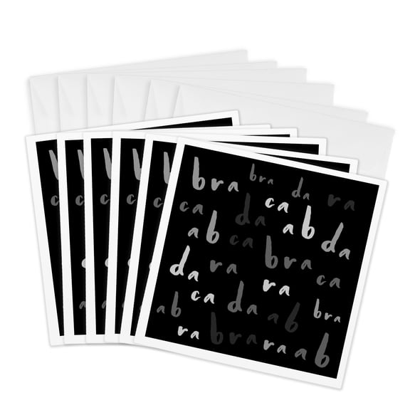 3drose, Abracadabra Funny Typography Design. Shades of Grey Text on Black, 6 Greeting Cards with Envelopes
