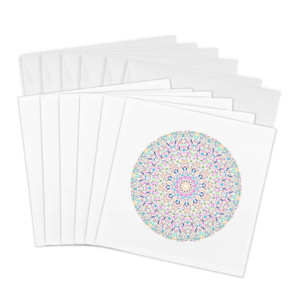 3drose, Abstract Colorful Geometrical Circular Flower Pattern Mandala, 6 Greeting Cards with Envelopes