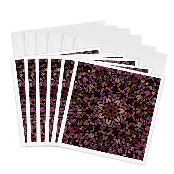 3drose, Abstract Colorful Round Floral Mosaic Background Design, 6 Greeting Cards with Envelopes