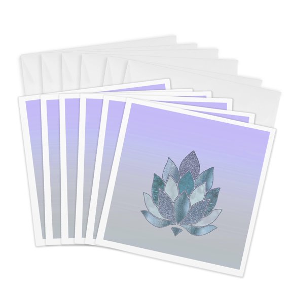 3drose, Abstract Lotus Flower Ornament in Blue and Turquoise, 6 Greeting Cards with Envelopes