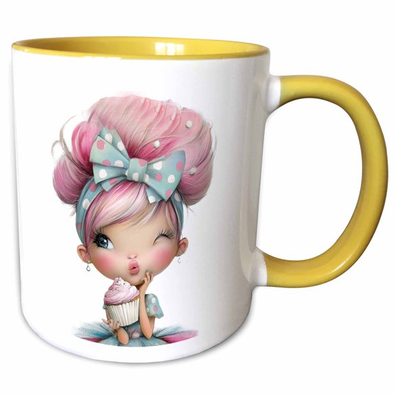 3drose, Adorable Cupcake Girl Illustration, 11oz Two-tone Yellow Mug