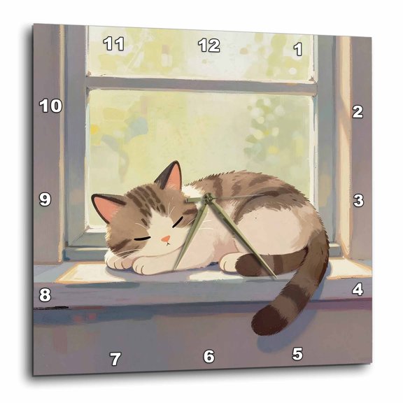 3drose, Adorable Kitten Sleeps Peacefully on a Window Sill on a Summer Day, 10x10 Wall Clock