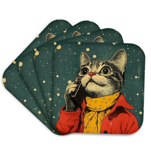 3drose, Adorable Kitty on a Cell Phone, Set of 4 Coasters - Soft