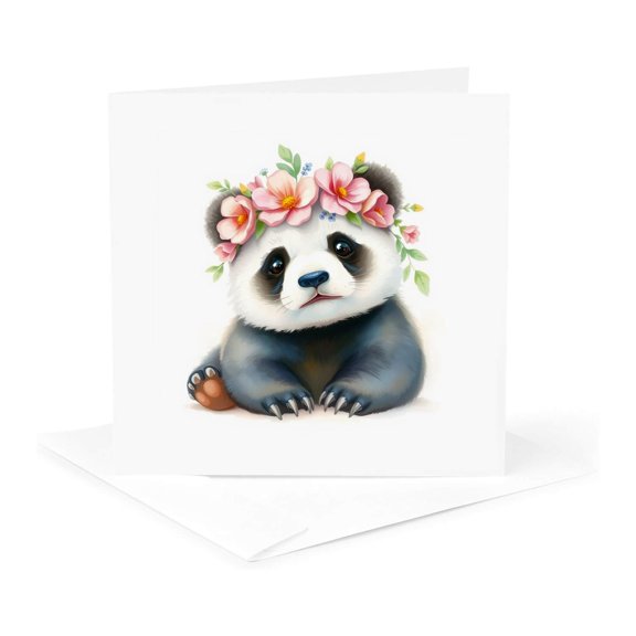 3drose, Adorable Panda Bear Cub, Pink Flowers. Animals for Kids Art Gift, 1 Greeting Card with Envelope