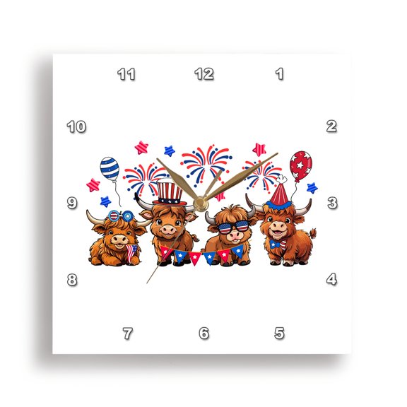 3drose, Adorable Patriotic Longhorns in a Line. Independence Day Artsy Gift, 15x15 Wall Clock