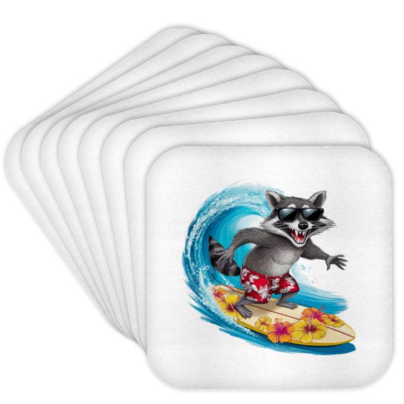 3drose, Adorable Raccoon Wave Surfer. Magnificent Summer Art Gift for Anyone, Set of 8 Coasters - Soft