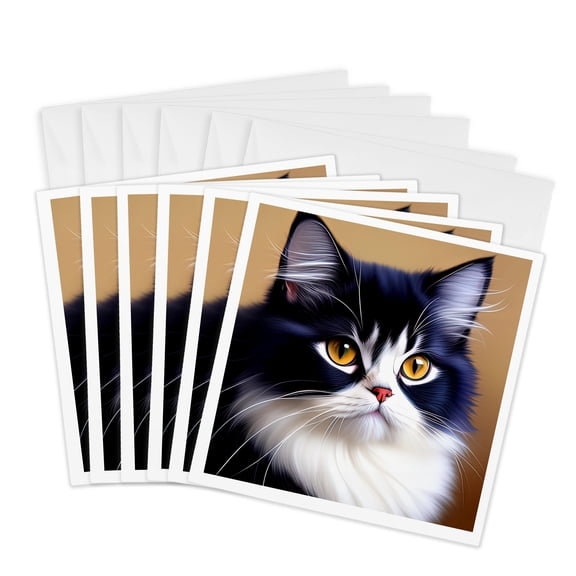 3drose, Adorable Tuxedo Persian Cat with Yellow Eyes. Digital Art for Anyone, 6 Greeting Cards with Envelopes