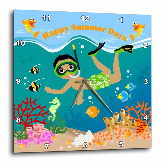 3drose, Afro-american Boy Scuba Diving in Coral Sea with Colorful Fish, 13x13 Wall Clock