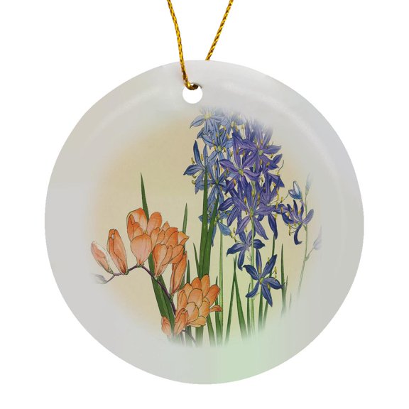 3drose, Agapanthus and Freesia Pretty Spring Flowers in Peach and Lavender, Circle Porcelain Ornament