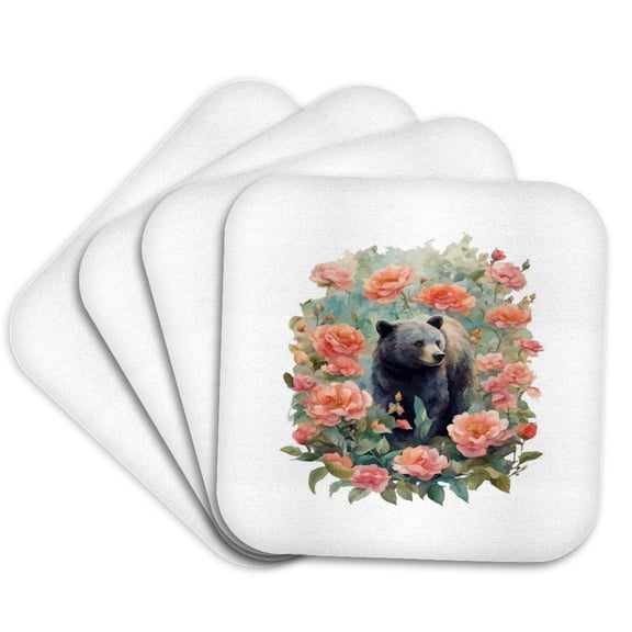 3drose, Alabama Black Bear Cub Surrounded by Camellia, Set of 4 Coasters - Soft