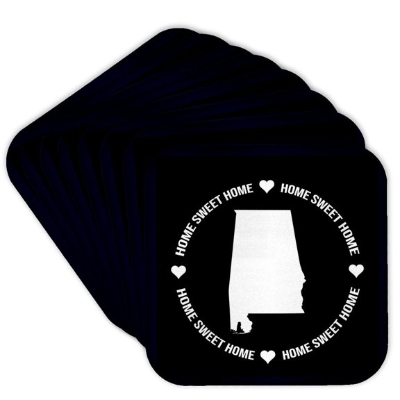 3drose, Alabama Inside a Circle of Home Sweet Home and Hearts on Black., Set of 8 Coasters - Cork