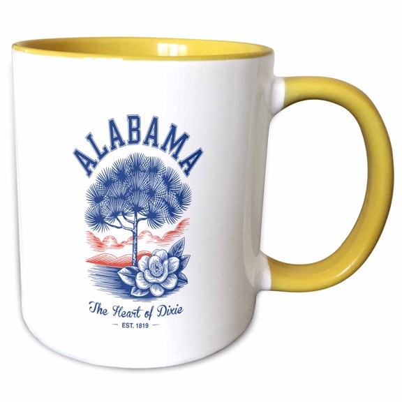 3drose, Alabama State, the Usa. the Heart of Dixie. Established in 1819, 11oz Two-tone Yellow Mug
