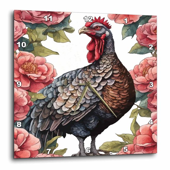 3drose, Alabama Wild Turkey with Camellia Flowers, 15x15 Wall Clock