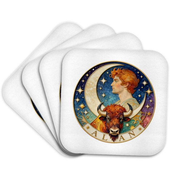 3drose, Alan Male Name, Moon, Man, Bison Head. Artsy, Brilliant Gift for Man, Set of 4 Coasters - Soft