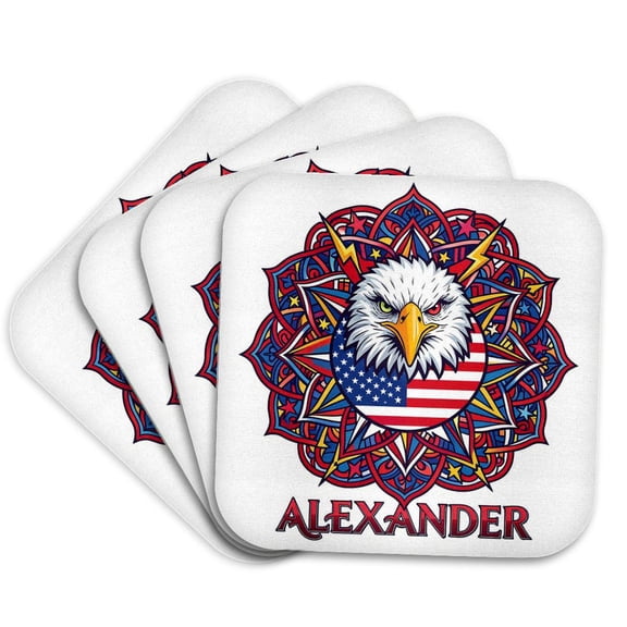 3drose, Alexander Man Name, American Flag, Eagle. Chic Patriot Personal Gift, Set of 4 Coasters - Soft