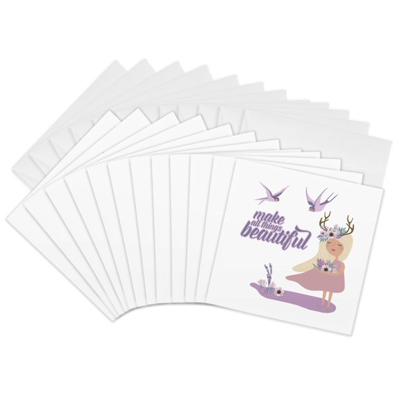 3drose, All Things Beautiful - Cute Purple Girl and Swallow Bird Illustration, 12 Greeting Cards with Envelopes