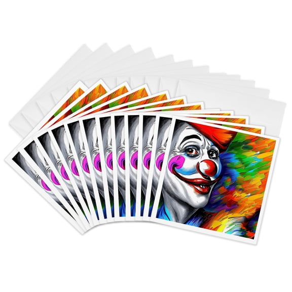 3drose, Alluring Clown with Red Nose, in Red Hat. Vibrant Colors Background, 12 Greeting Cards with Envelopes