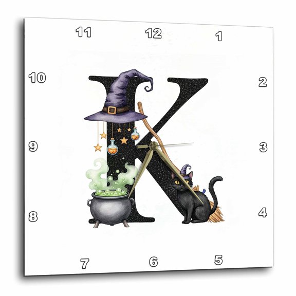 3drose, Alluring Letter K. Halloween Monogram, Broom, Wizard Hat, Cat Art, 13x13 Wall Clock