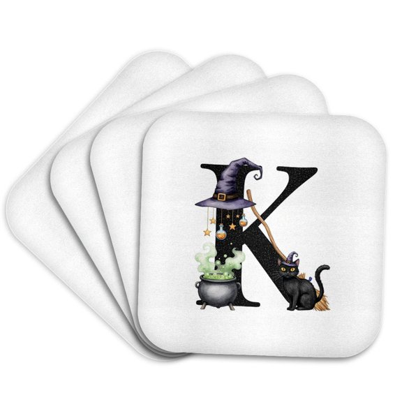 3drose, Alluring Letter K. Halloween Monogram, Broom, Wizard Hat, Cat Art, Set of 4 Coasters - Soft