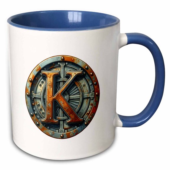 3drose, Alluring Letter K. Round Rusty Metal Plate Nice Colorful Artsy Gift, 11oz Two-tone Blue Mug