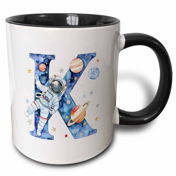3drose, Alluring Letter K. Space Flight Astronaut Attractive Monogram Gift, 11oz Two-tone Black Mug