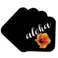 thumbnail image 1 of 3drose, Aloha. Cursive White Lettering with a Photo of a Hibiscus on Black., Set of 4 Coasters - Cork, 1 of 6