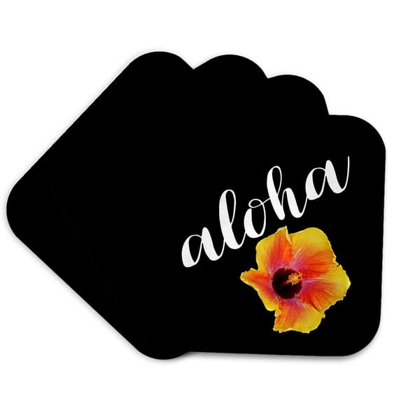 3drose, Aloha. Cursive White Lettering with a Photo of a Hibiscus on Black., Set of 4 Coasters - Cork