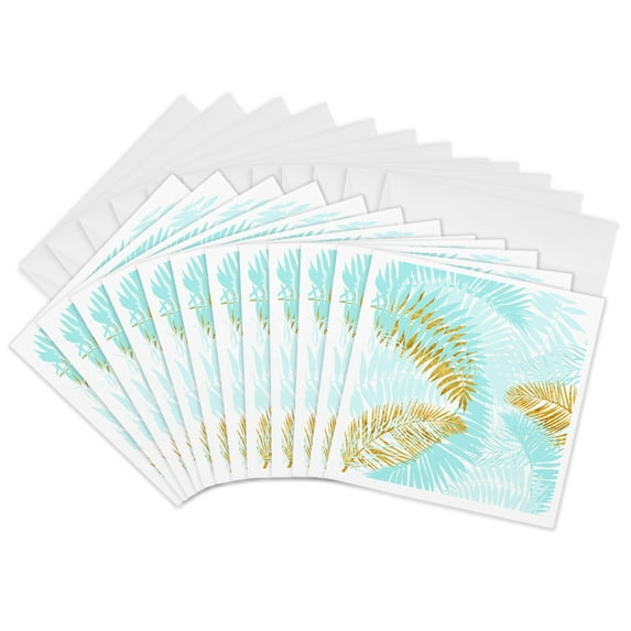 3drose, Aloha Gold Teal Palm Foliage Jungle Tropical Hawaii Pattern, 12 Greeting Cards with Envelopes