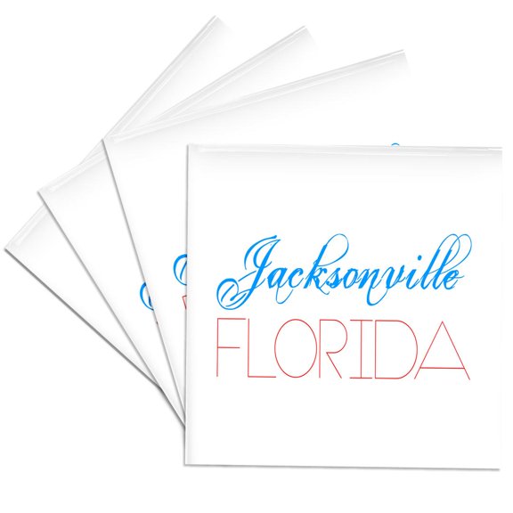 3drose, American Cities - Jacksonville Florida, Blue, Red on White, Set of 4 Ceramic Tile Coasters