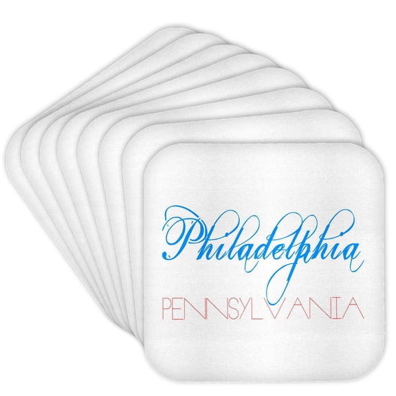 3drose, American Cities - Philadelphia Pennsylvania Red and Blue on White, Set of 8 Coasters - Cork