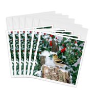 3drose, American Goldfinch on Stump Near China Holly in Winter, Marion, Il, 6 Greeting Cards with Envelopes