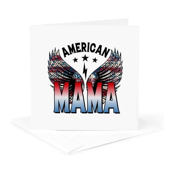 3drose, American Mama Text, Stars, Wings. Patriotic Artistic 4th of July Gift, 1 Greeting Card with Envelope